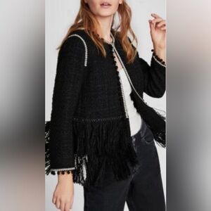 ZARA TWEED FANTASY BLACK FRINGED TASSEL OPEN FRONT BLAZER JACKET